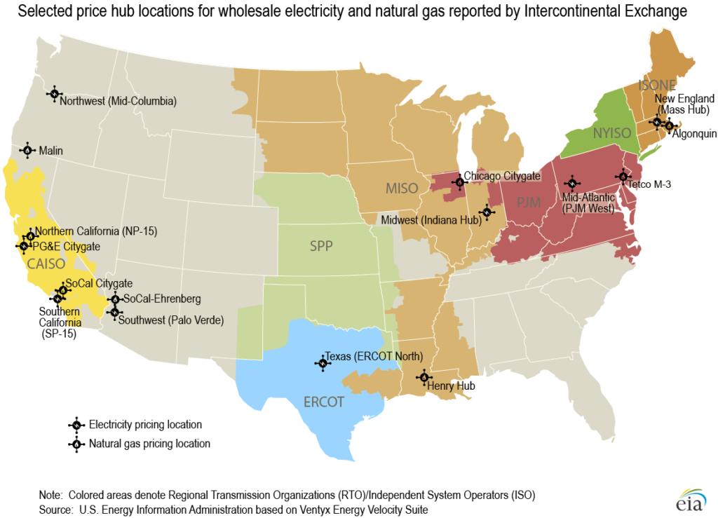 price hub locations for wholesale electricity and natural gas
